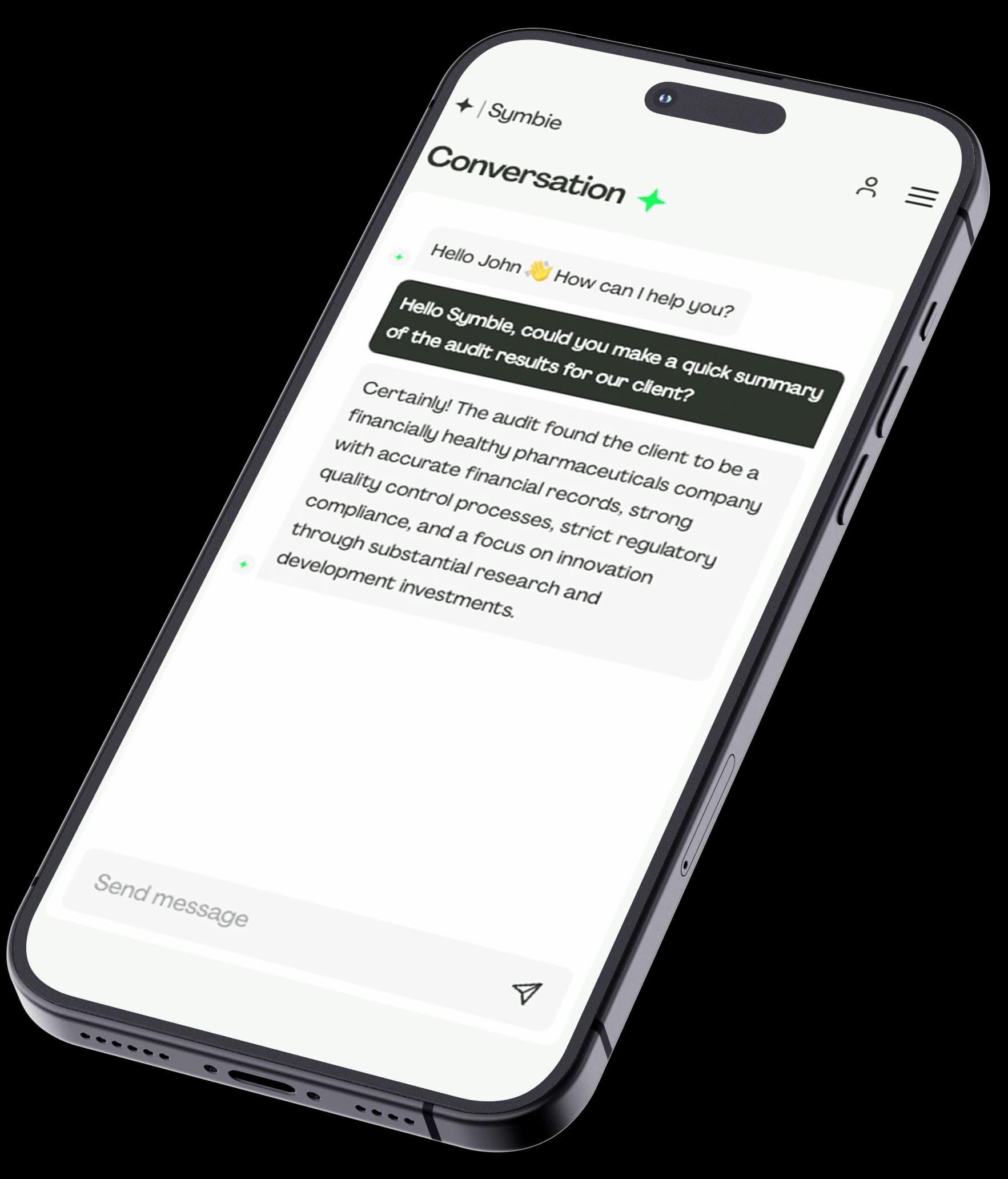Phone with the Symbie app showing a chat interface